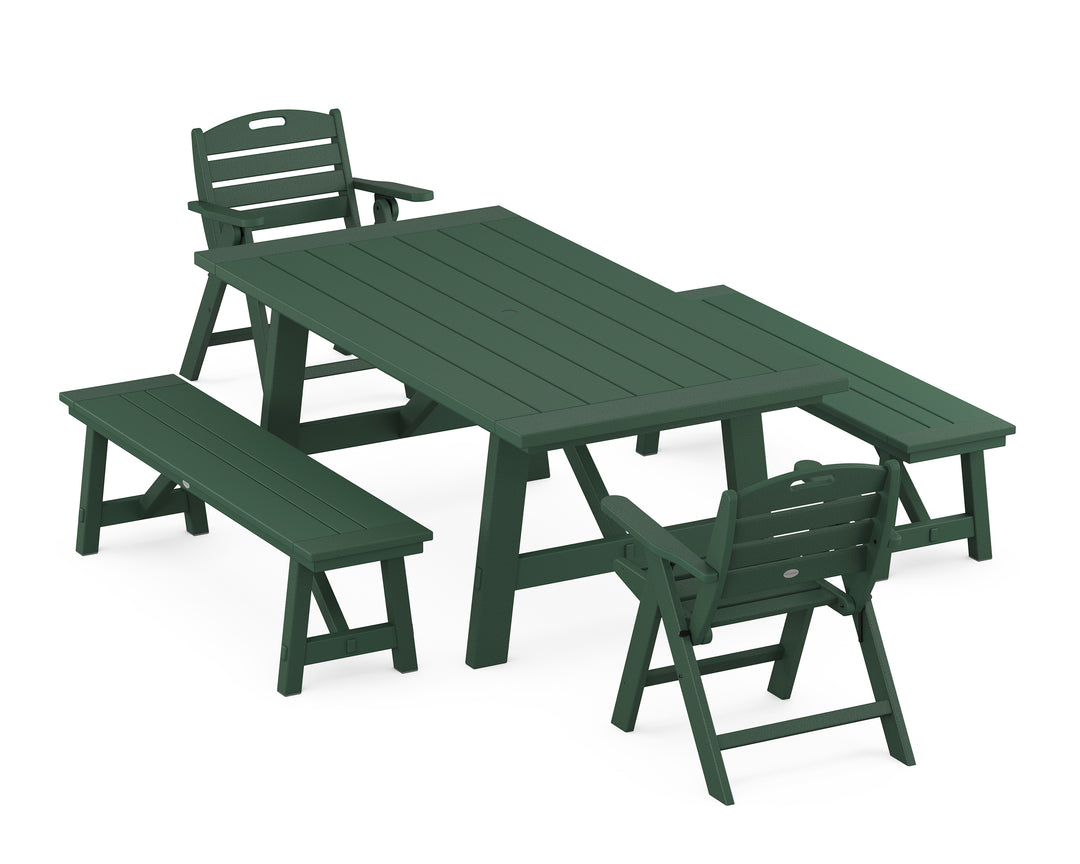 POLYWOOD® Nautical Folding Lowback Chair 5-Piece Rustic Farmhouse Dining Set With Benches