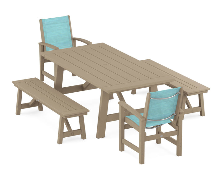 POLYWOOD® Coastal 5-Piece Rustic Farmhouse Dining Set With Benches