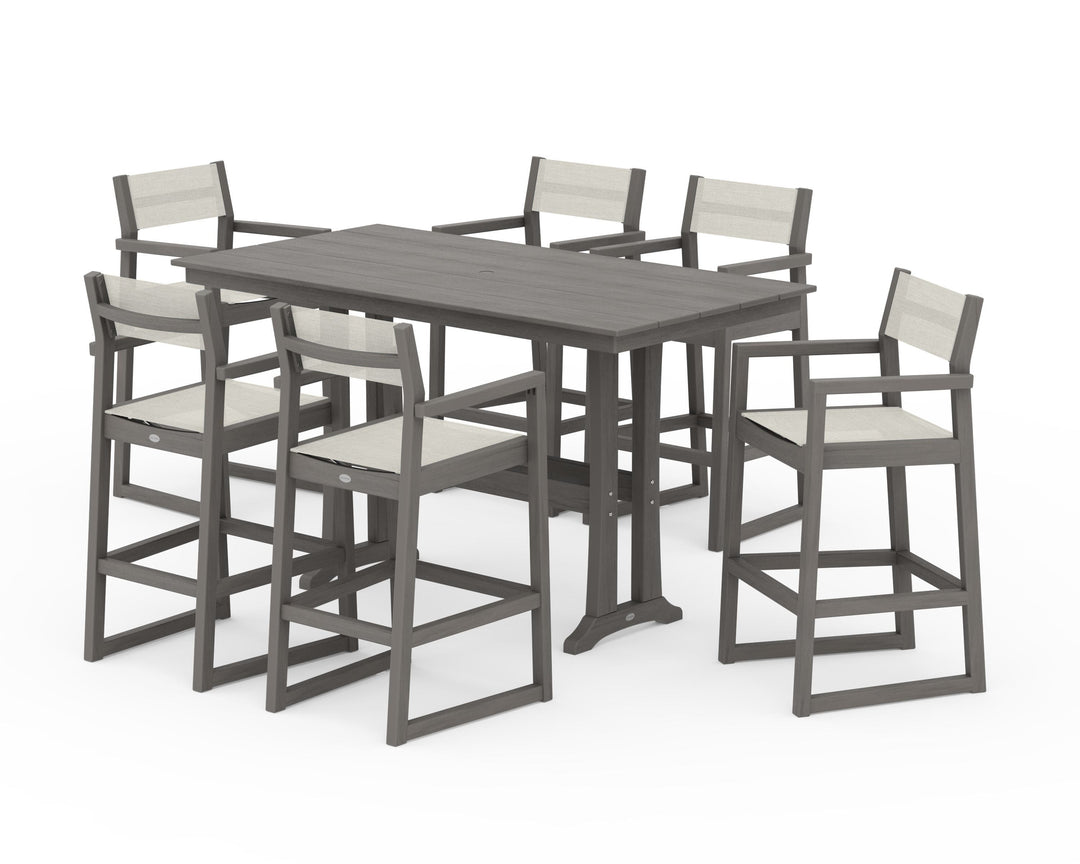 POLYWOOD® EDGE Sling Arm Chair 7-Piece Farmhouse Bar Set with Trestle Legs