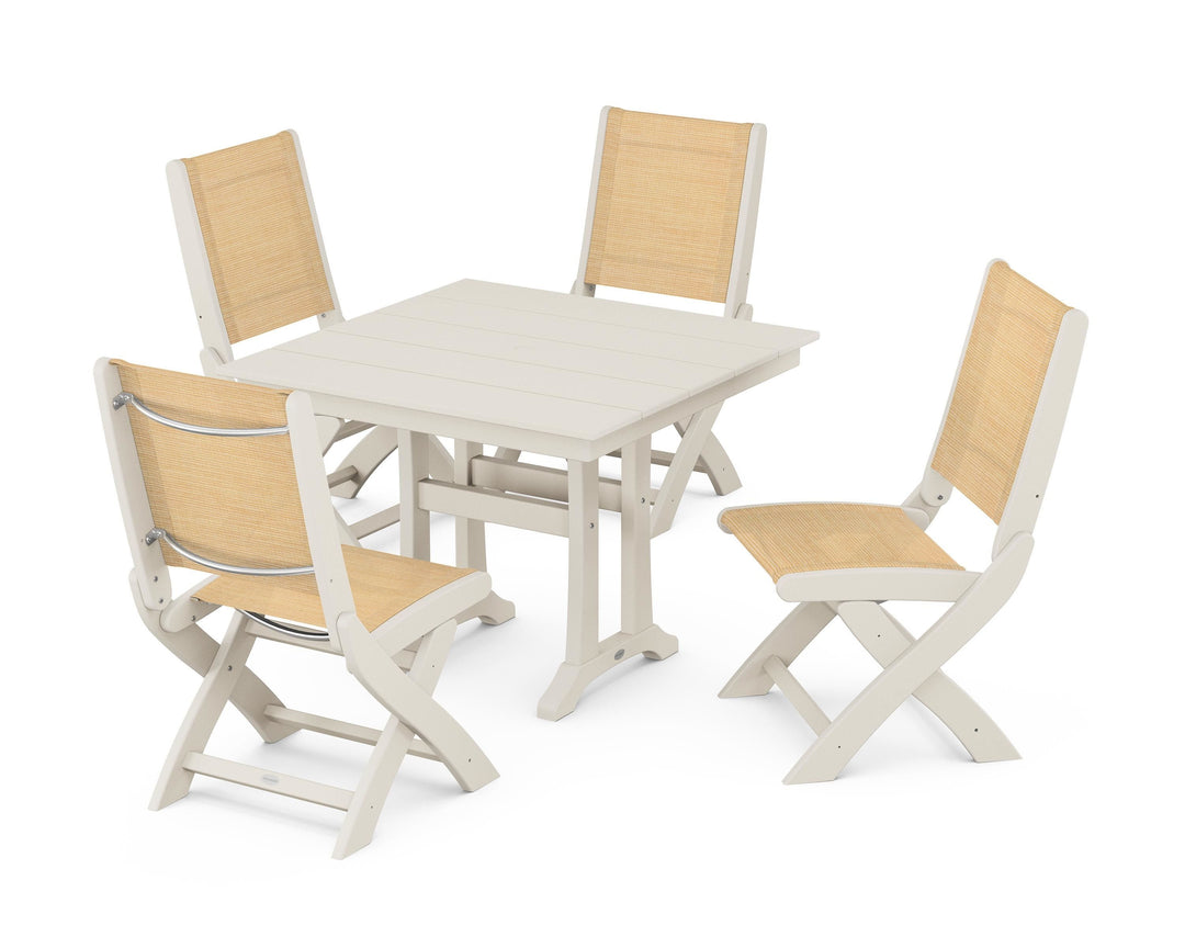 POLYWOOD® Coastal Folding Side Chair 5-Piece Farmhouse Dining Set With Trestle Legs
