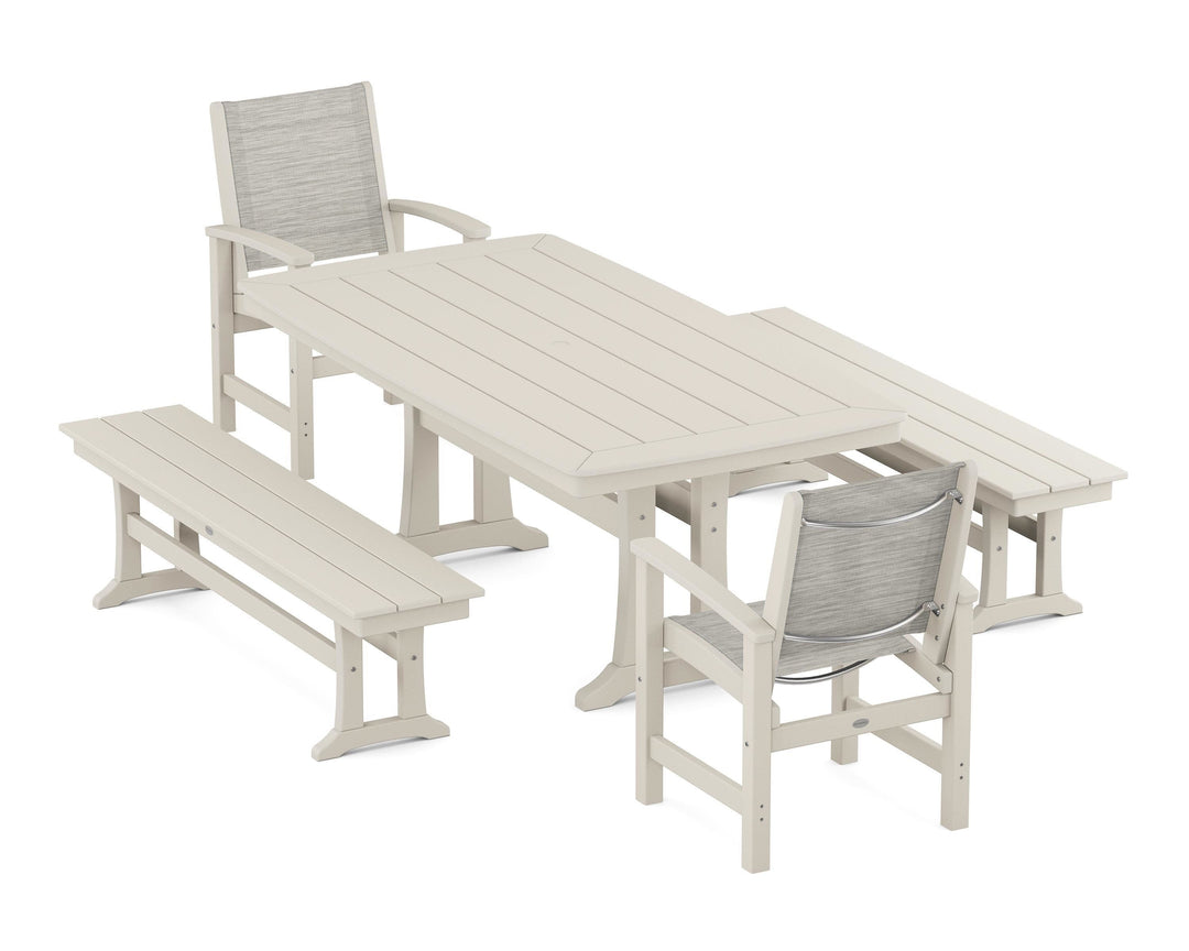 POLYWOOD® Coastal 5-Piece Dining Set with Trestle Legs and Benches