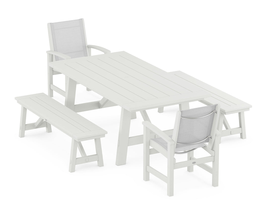 POLYWOOD® Coastal 5-Piece Rustic Farmhouse Dining Set With Benches