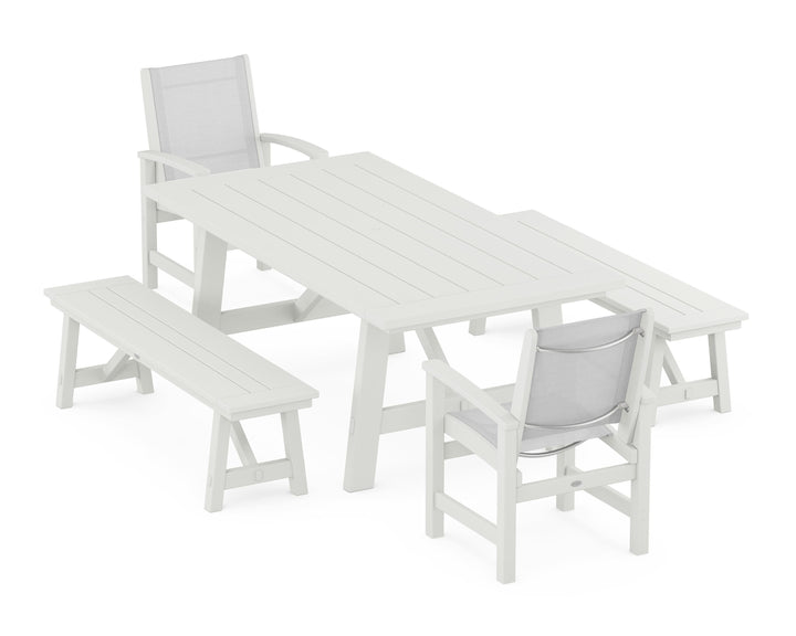 POLYWOOD® Coastal 5-Piece Rustic Farmhouse Dining Set With Benches