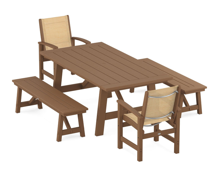 POLYWOOD® Coastal 5-Piece Rustic Farmhouse Dining Set With Benches