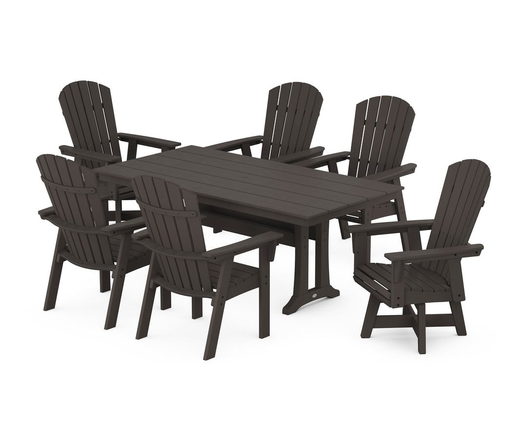 POLYWOOD® Nautical Curveback Adirondack Swivel Chair 7-Piece Farmhouse Dining Set With Trestle Legs