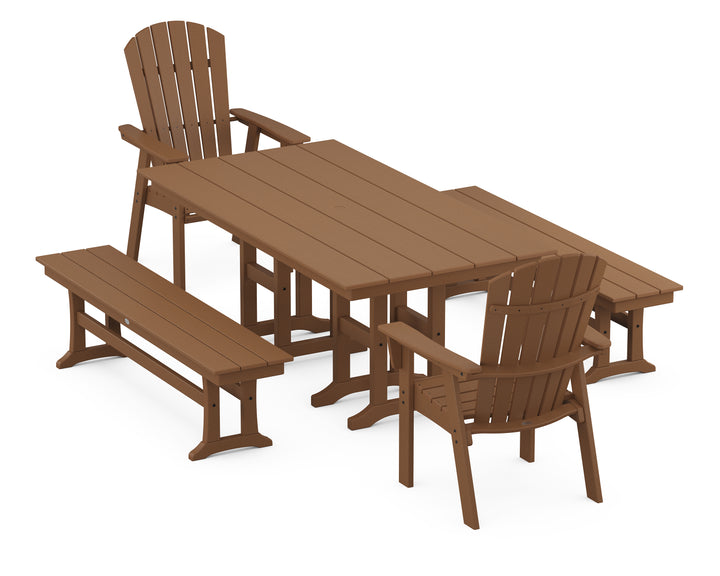 POLYWOOD® Nautical Curveback Adirondack 5-Piece Farmhouse Dining Set with Benches