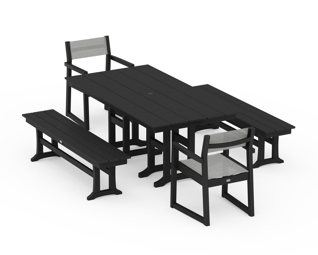 POLYWOOD® EDGE Sling Arm Chair 5-Piece Farmhouse Dining Set with Benches