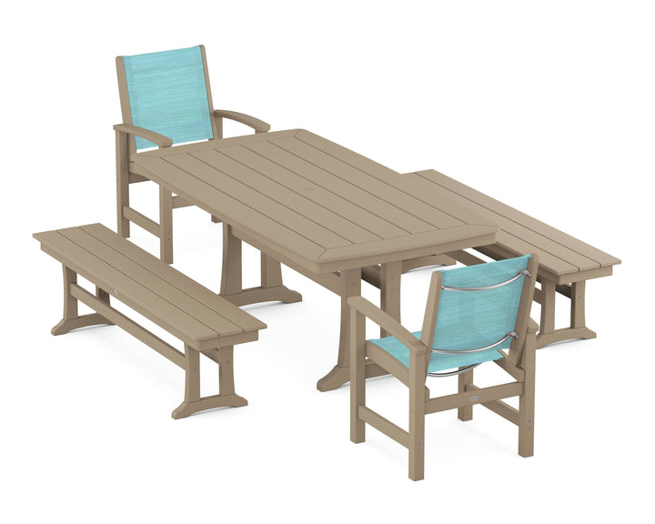 POLYWOOD® Coastal 5-Piece Dining Set with Trestle Legs and Benches