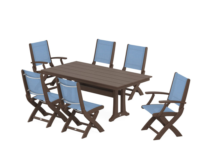 POLYWOOD® Coastal Folding Chair 7-Piece Farmhouse Dining Set with Trestle Legs
