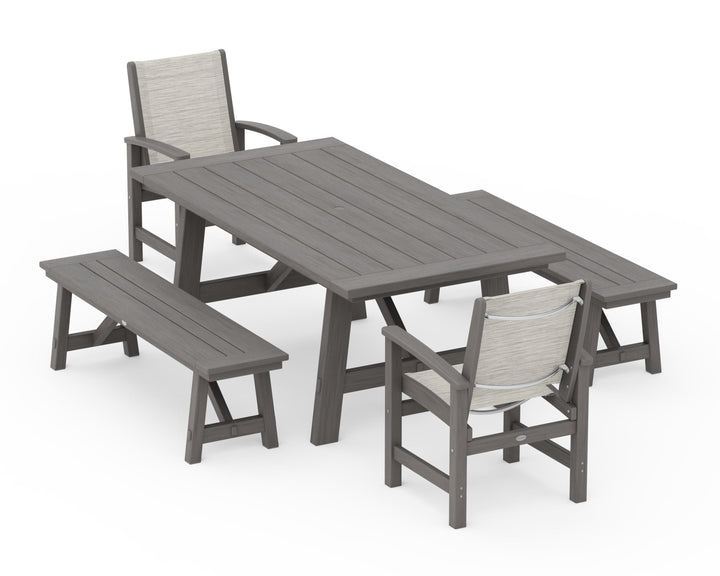 POLYWOOD® Coastal 5-Piece Rustic Farmhouse Dining Set With Benches