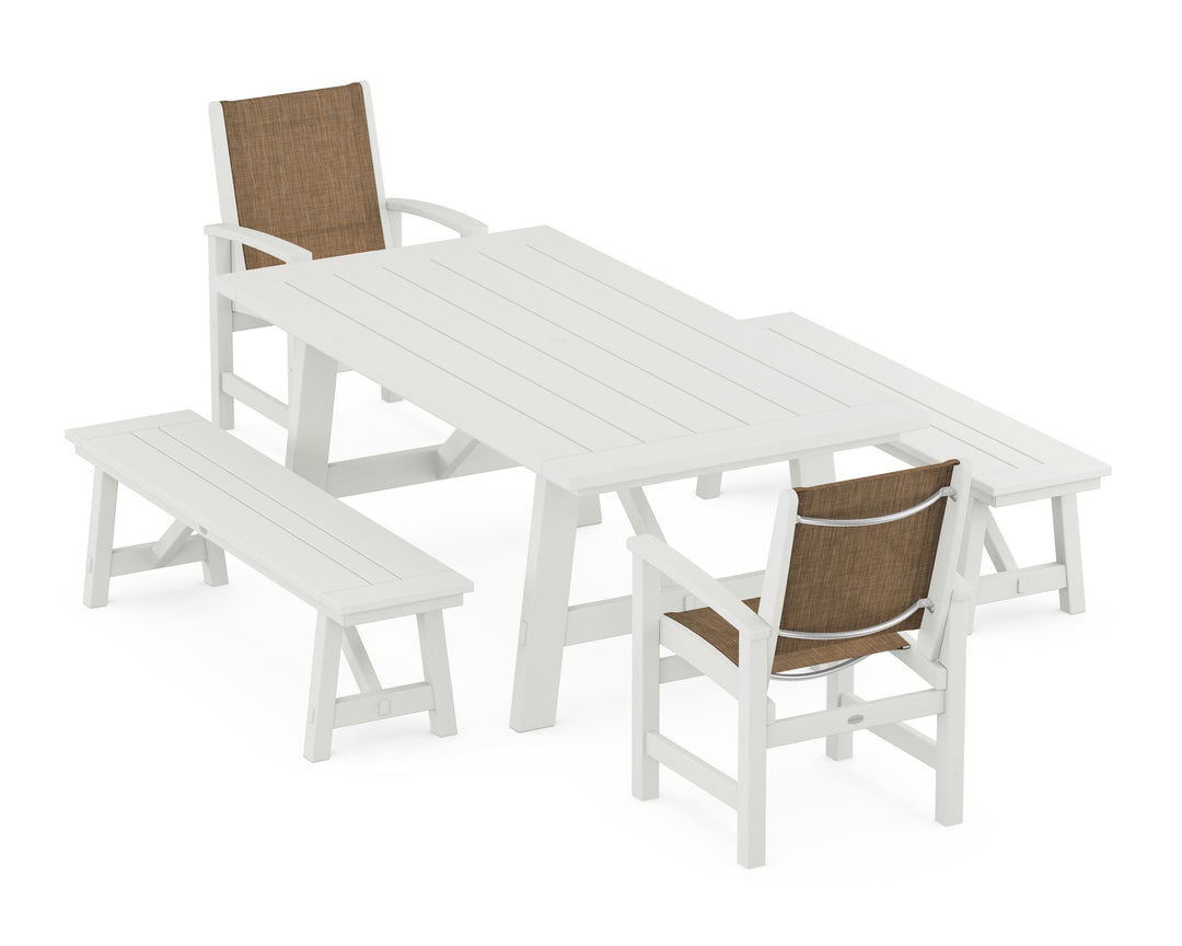 POLYWOOD® Coastal 5-Piece Rustic Farmhouse Dining Set With Benches