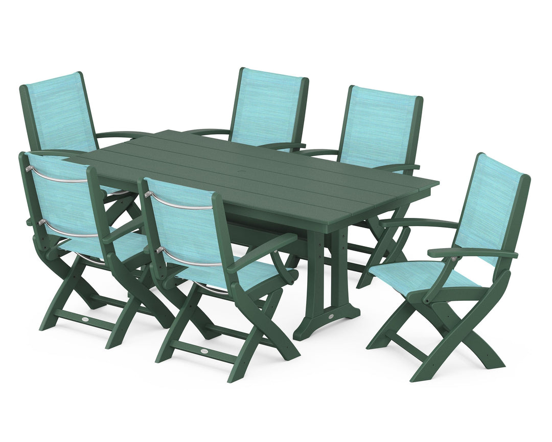 POLYWOOD® Coastal Folding Arm Chair 7-Piece Farmhouse Dining Set with Trestle Legs