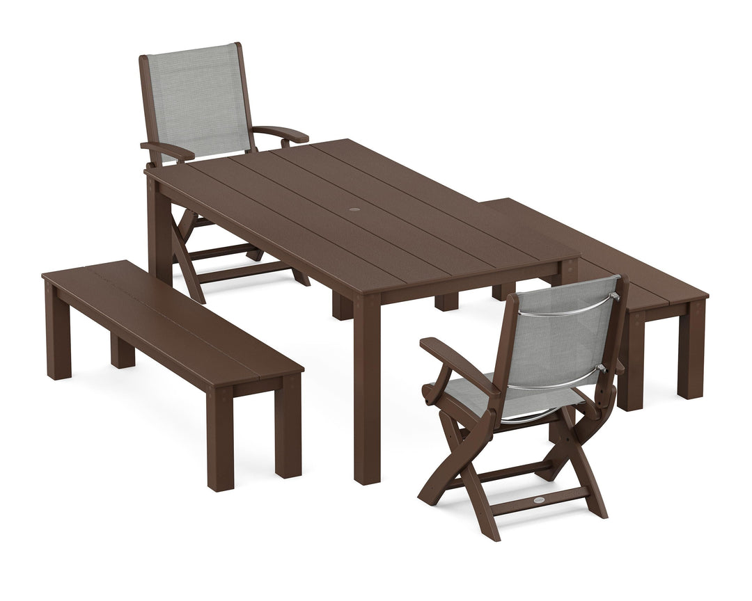 POLYWOOD® Coastal Folding Chair 5-Piece Parsons Dining Set with Benches