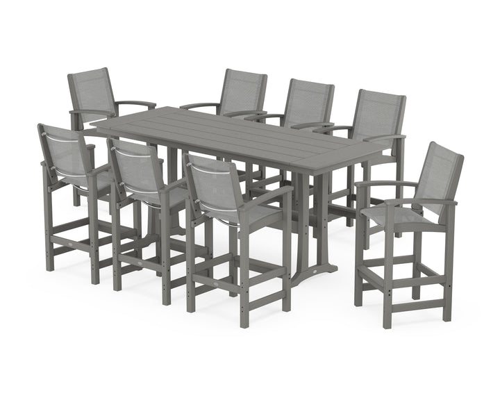 POLYWOOD® Coastal 9-Piece Farmhouse Bar Set with Trestle Legs
