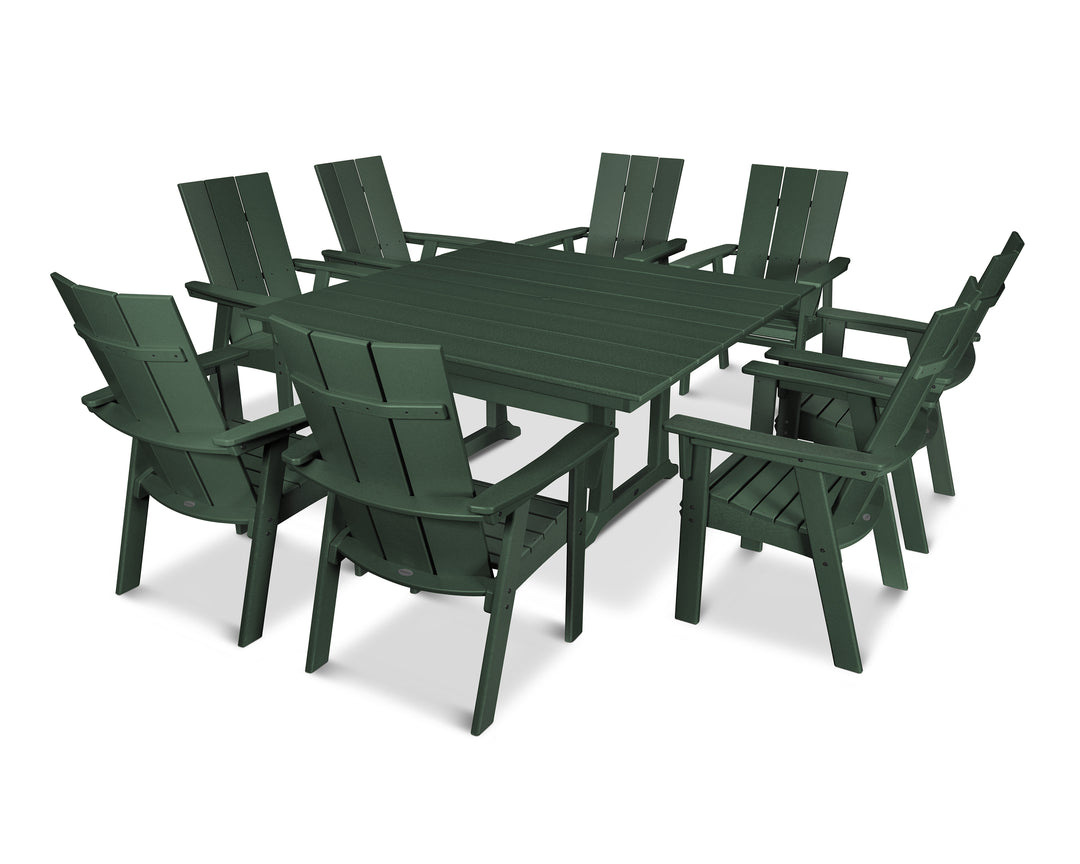 POLYWOOD® Modern Curveback Adirondack 9-Piece Farmhouse Trestle Dining Set