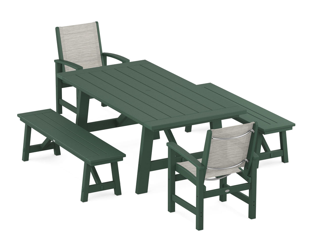 POLYWOOD® Coastal 5-Piece Rustic Farmhouse Dining Set With Benches