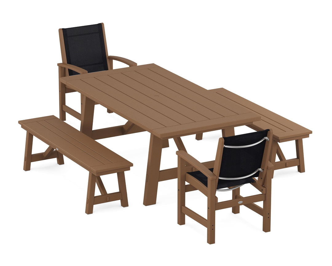 POLYWOOD® Coastal 5-Piece Rustic Farmhouse Dining Set With Benches