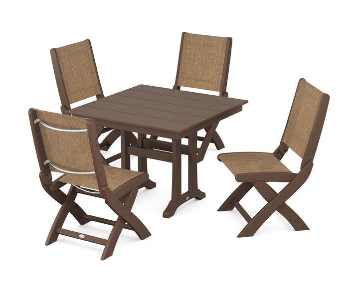 POLYWOOD® Coastal Folding Side Chair 5-Piece Farmhouse Dining Set With Trestle Legs