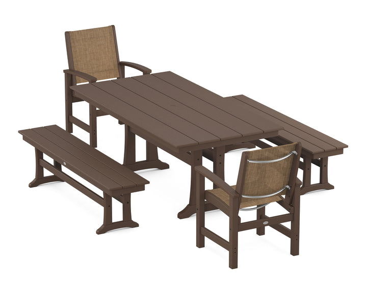 POLYWOOD® Coastal 5-Piece Farmhouse Dining Set with Trestle Legs and Benches