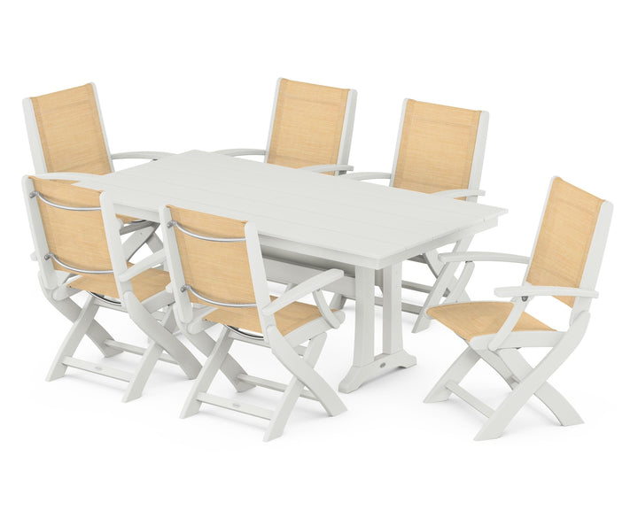 POLYWOOD® Coastal Folding Arm Chair 7-Piece Farmhouse Dining Set with Trestle Legs