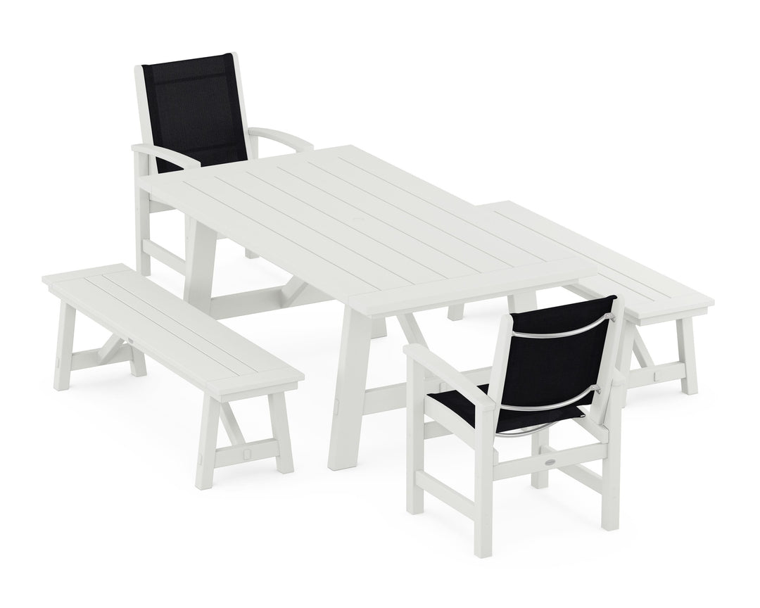 POLYWOOD® Coastal 5-Piece Rustic Farmhouse Dining Set With Benches