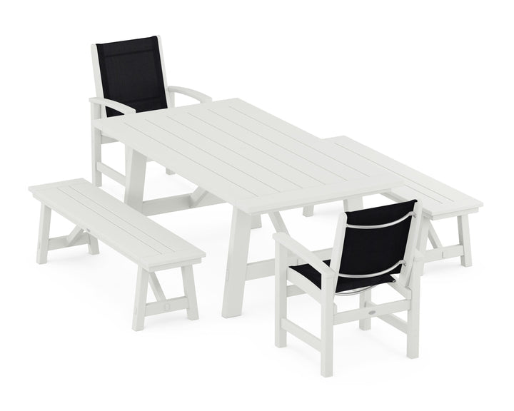 POLYWOOD® Coastal 5-Piece Rustic Farmhouse Dining Set With Benches