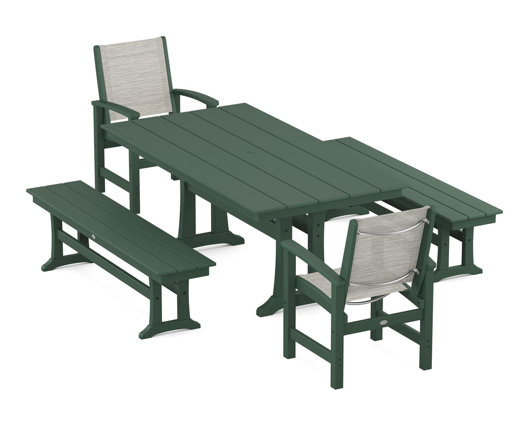POLYWOOD® Coastal 5-Piece Farmhouse Dining Set with Trestle Legs and Benches