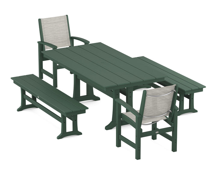 POLYWOOD® Coastal 5-Piece Farmhouse Dining Set with Trestle Legs and Benches