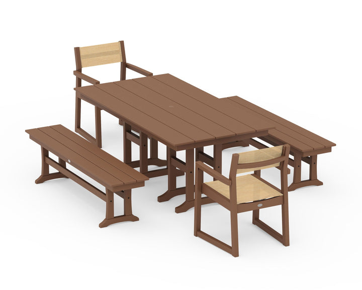 POLYWOOD® EDGE Sling Arm Chair 5-Piece Farmhouse Dining Set with Benches