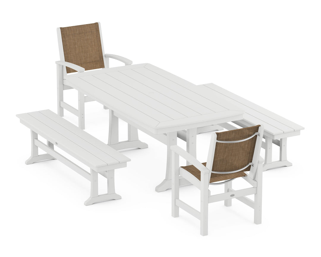 POLYWOOD® Coastal 5-Piece Dining Set with Trestle Legs and Benches