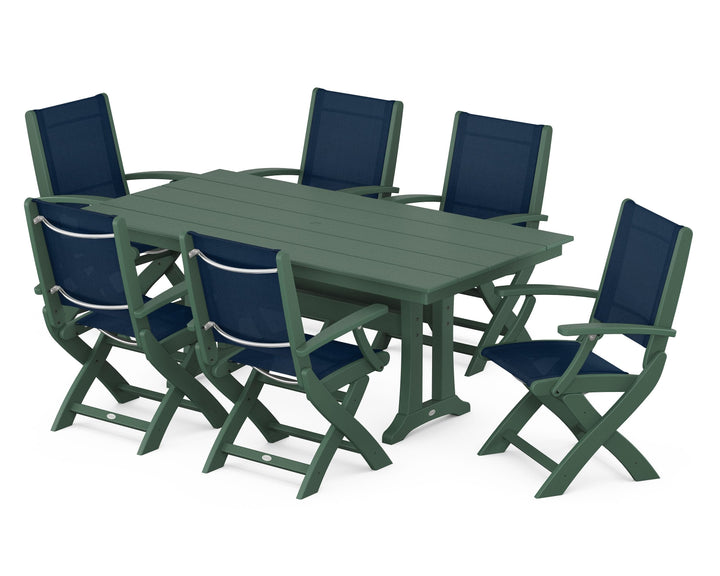 POLYWOOD® Coastal Folding Arm Chair 7-Piece Farmhouse Dining Set with Trestle Legs