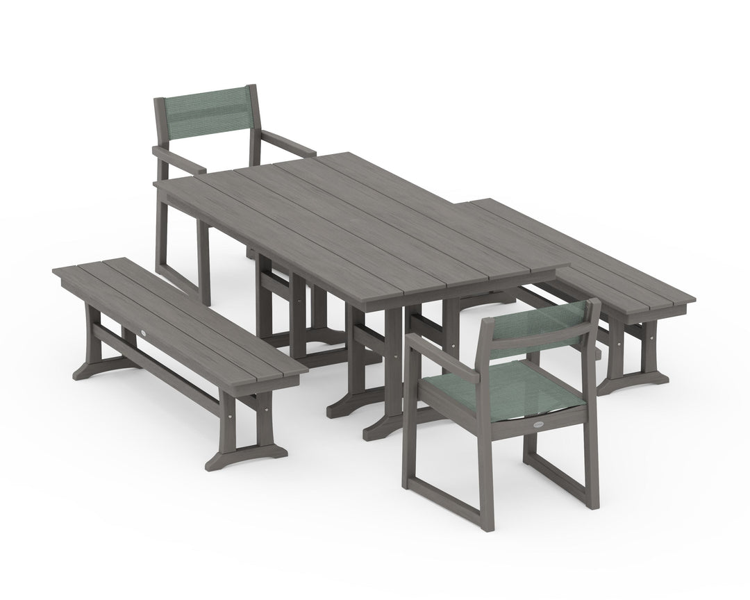 POLYWOOD® EDGE Sling Arm Chair 5-Piece Farmhouse Dining Set with Benches