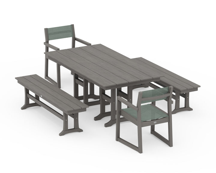 POLYWOOD® EDGE Sling Arm Chair 5-Piece Farmhouse Dining Set with Benches