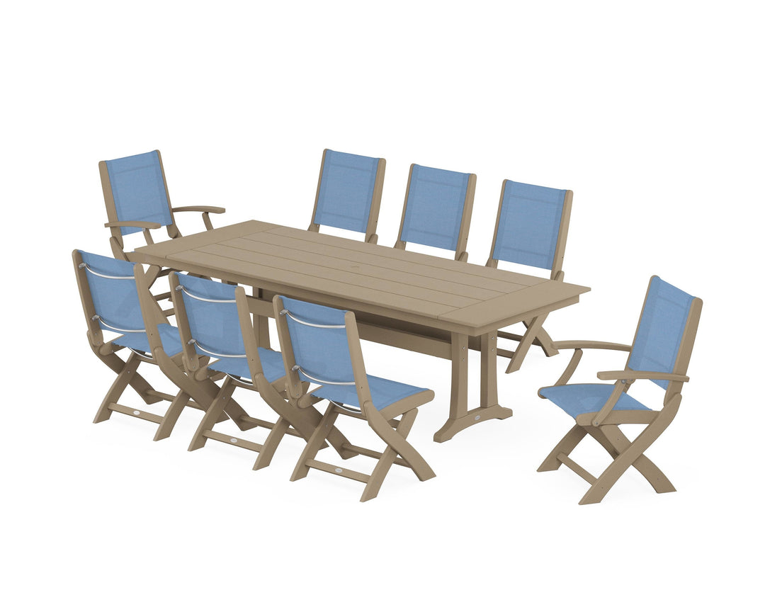 POLYWOOD® Coastal 9-Piece Folding Dining Chair Farmhouse Dining Set with Trestle Legs