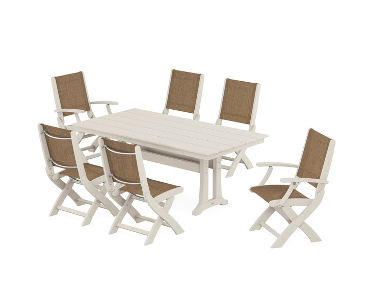 POLYWOOD® Coastal Folding Chair 7-Piece Farmhouse Dining Set with Trestle Legs