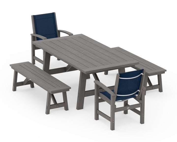 POLYWOOD® Coastal 5-Piece Rustic Farmhouse Dining Set With Benches