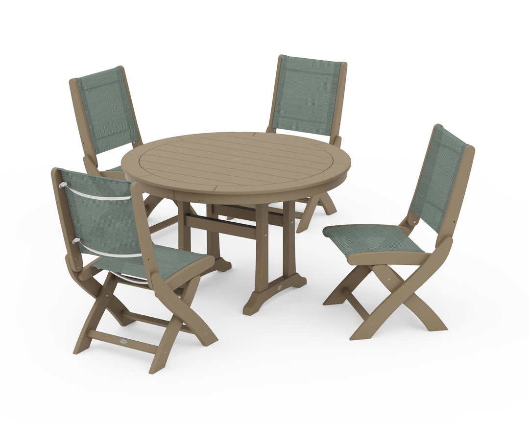 POLYWOOD® Coastal Folding Side Chair 5-Piece Round Dining Set With Trestle Legs