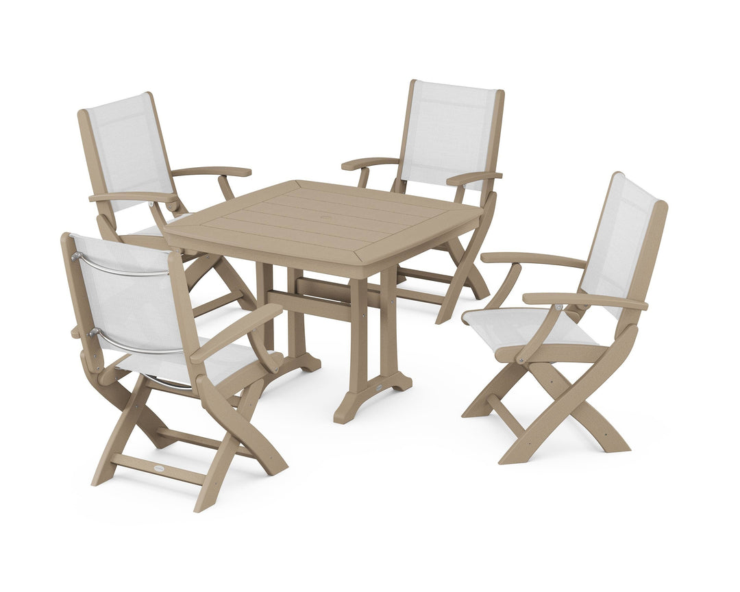 POLYWOOD® Coastal Folding Chair 5-Piece Dining Set with Trestle Legs
