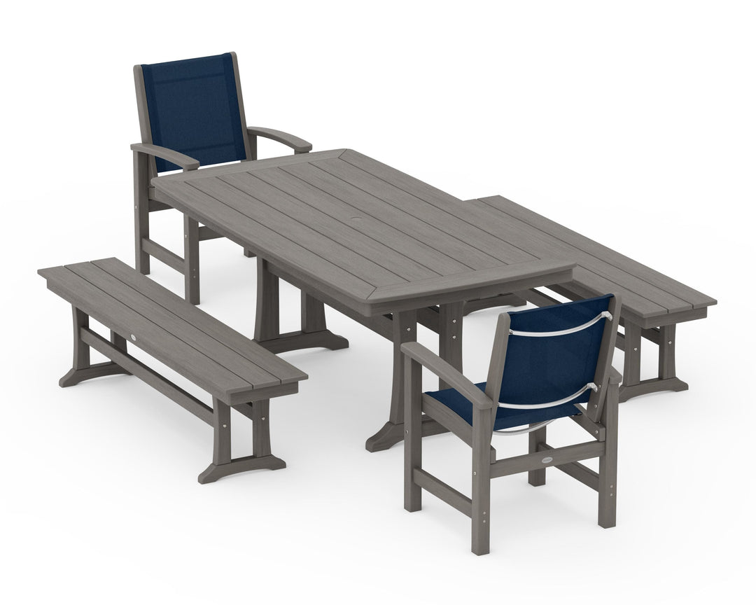 POLYWOOD® Coastal 5-Piece Dining Set with Trestle Legs and Benches