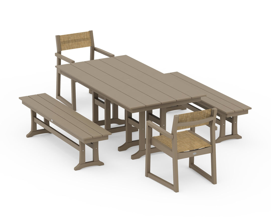 POLYWOOD® EDGE Sling Arm Chair 5-Piece Farmhouse Dining Set with Benches