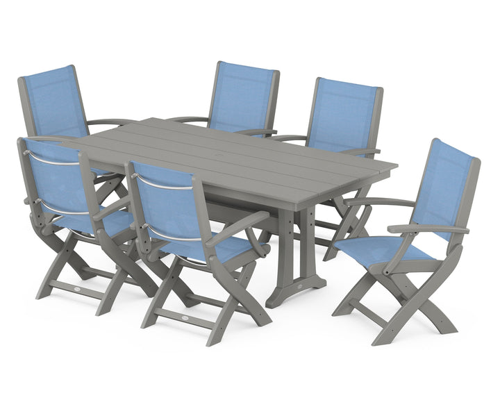POLYWOOD® Coastal Folding Arm Chair 7-Piece Farmhouse Dining Set with Trestle Legs