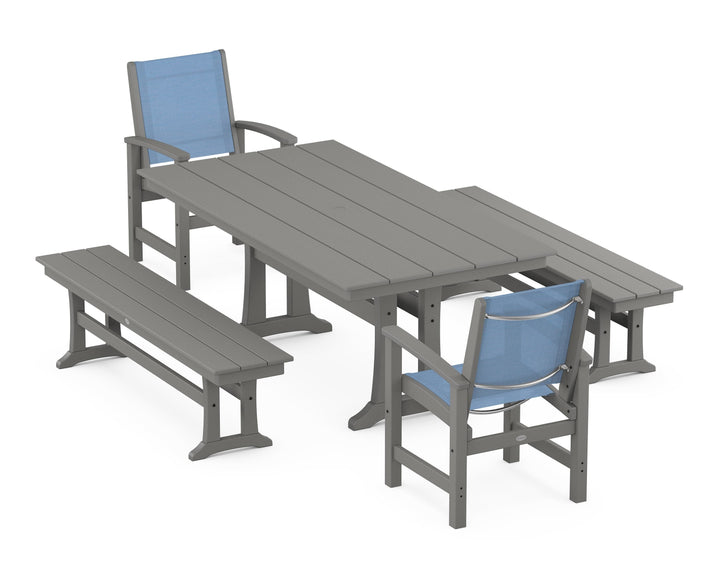 POLYWOOD® Coastal 5-Piece Farmhouse Dining Set with Trestle Legs and Benches