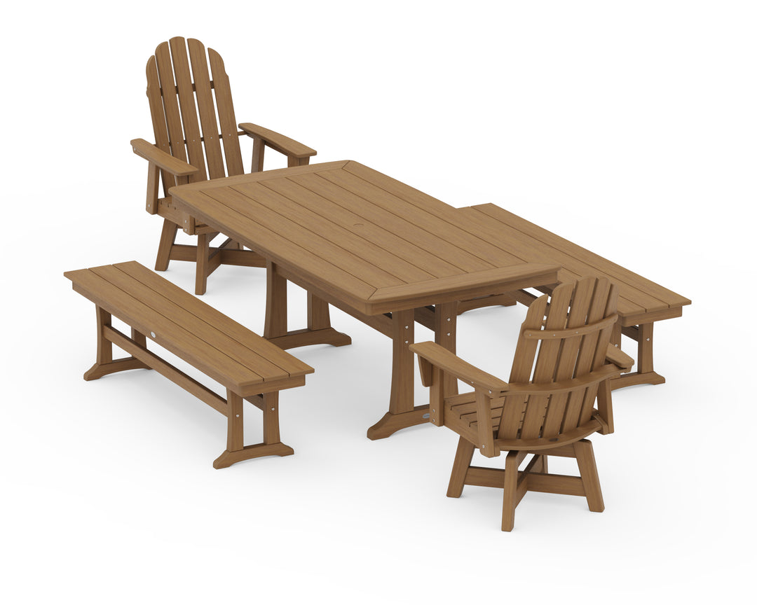 POLYWOOD® Vineyard Adirondack Swivel Chair 5-Piece Dining Set with Trestle Legs and Benches