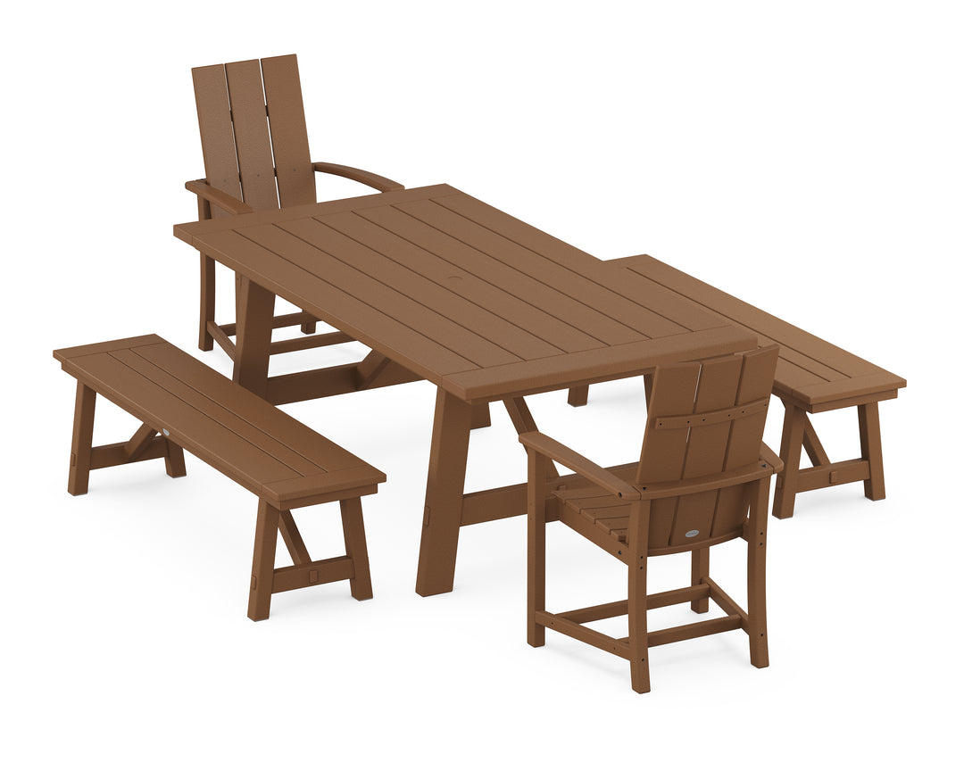 POLYWOOD® Modern Adirondack 5-Piece Rustic Farmhouse Dining Set With Benches