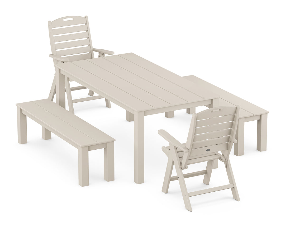 POLYWOOD® Nautical Folding Highback Chair 5-Piece Parsons Dining Set with Benches
