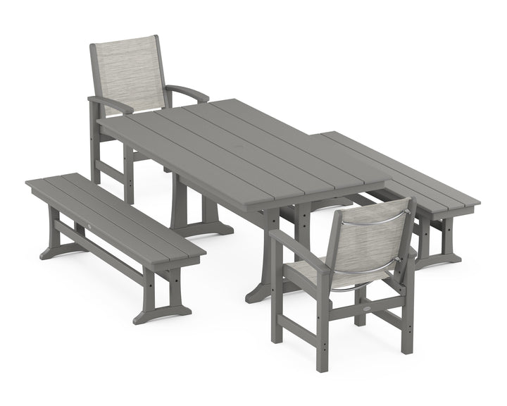 POLYWOOD® Coastal 5-Piece Farmhouse Dining Set with Trestle Legs and Benches