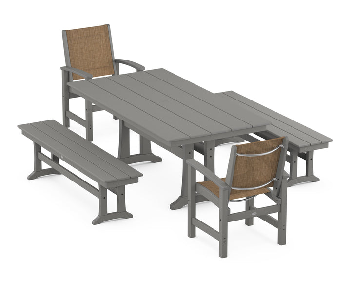 POLYWOOD® Coastal 5-Piece Farmhouse Dining Set with Trestle Legs and Benches