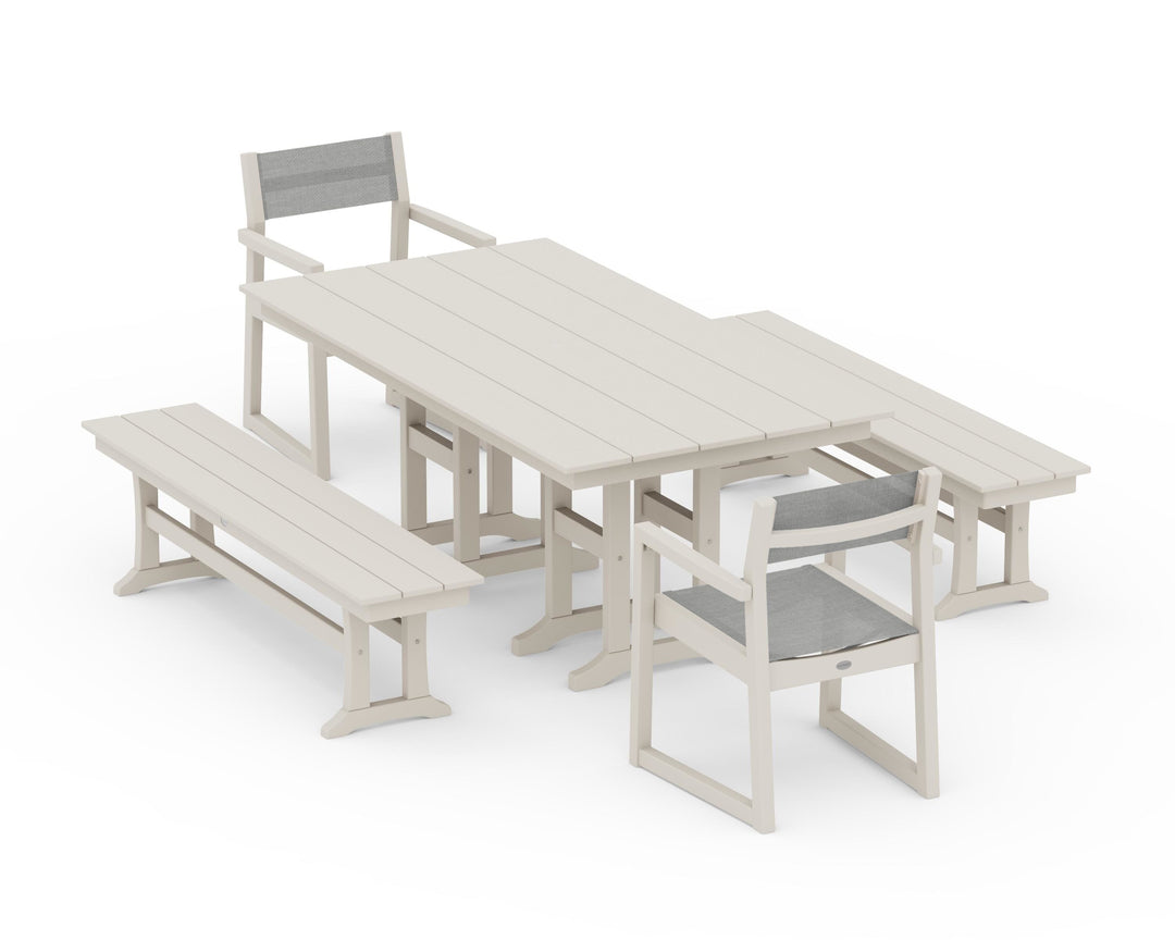 POLYWOOD® EDGE Sling Arm Chair 5-Piece Farmhouse Dining Set with Benches