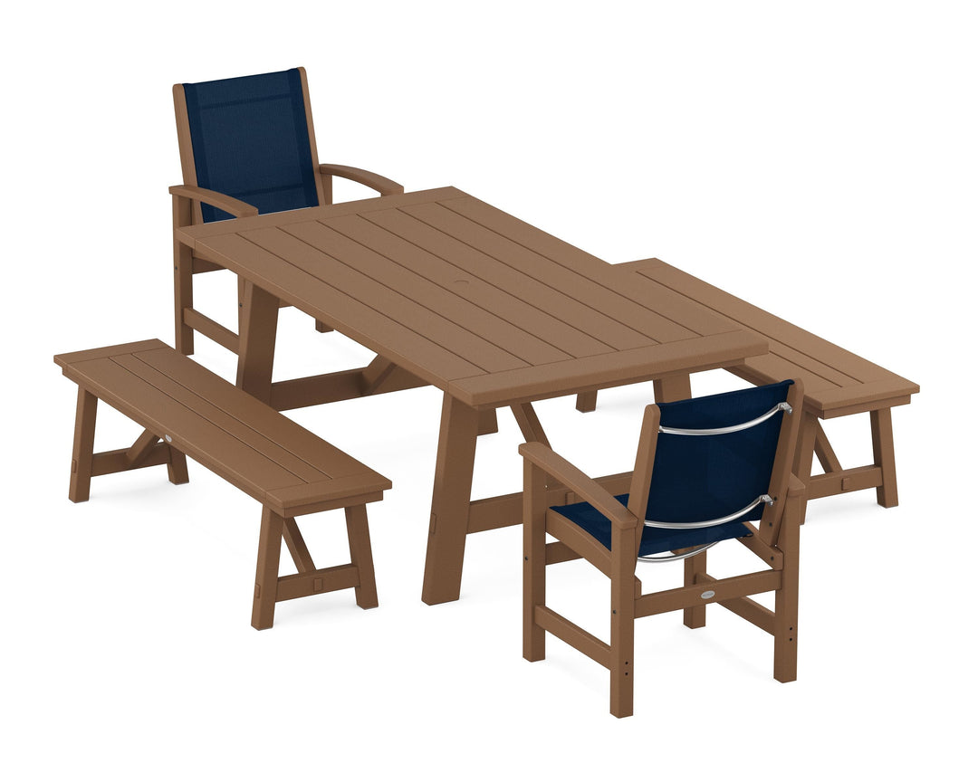 POLYWOOD® Coastal 5-Piece Rustic Farmhouse Dining Set With Benches