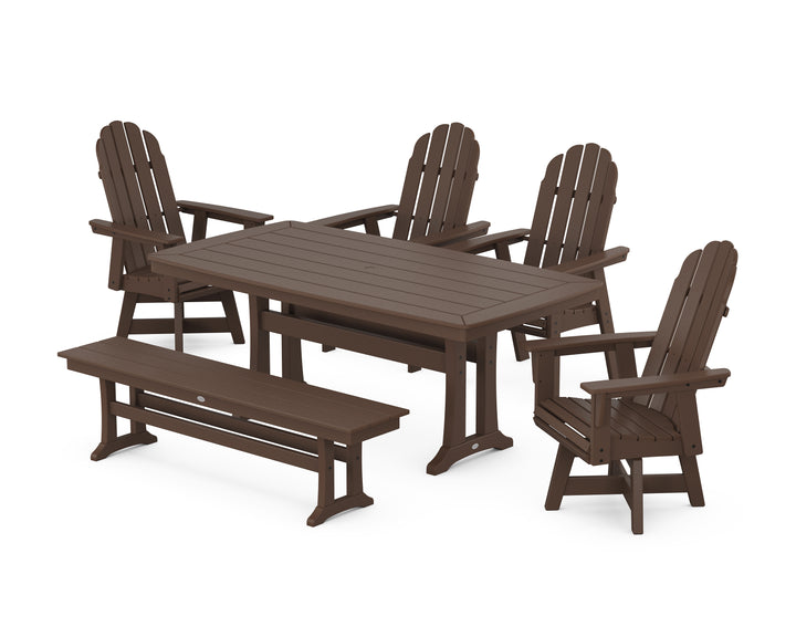 POLYWOOD® Vineyard Curveback Adirondack Swivel Chair 6-Piece Dining Set with Trestle Legs and Bench